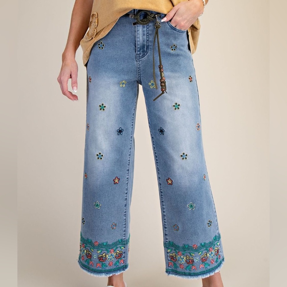 Embroidered Light Blue Wide Leg Jeans